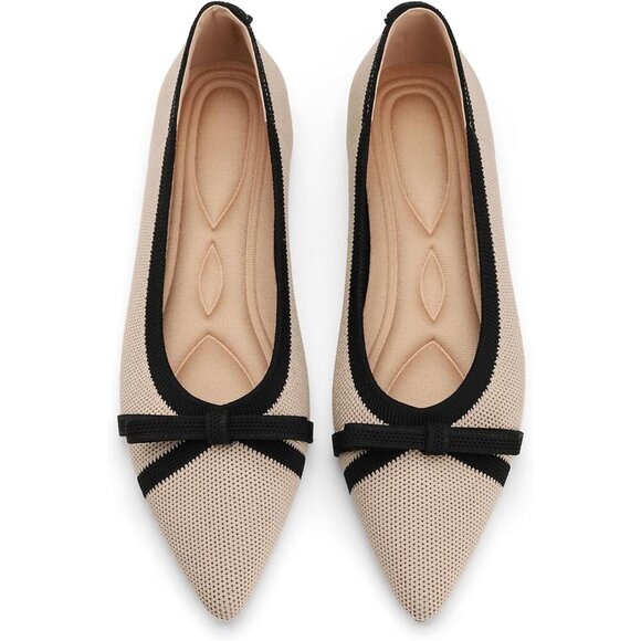 Shoes - Women's Beige Black Pointed Toe Knit Foldable Ballet Comfortable Slip On Shoes